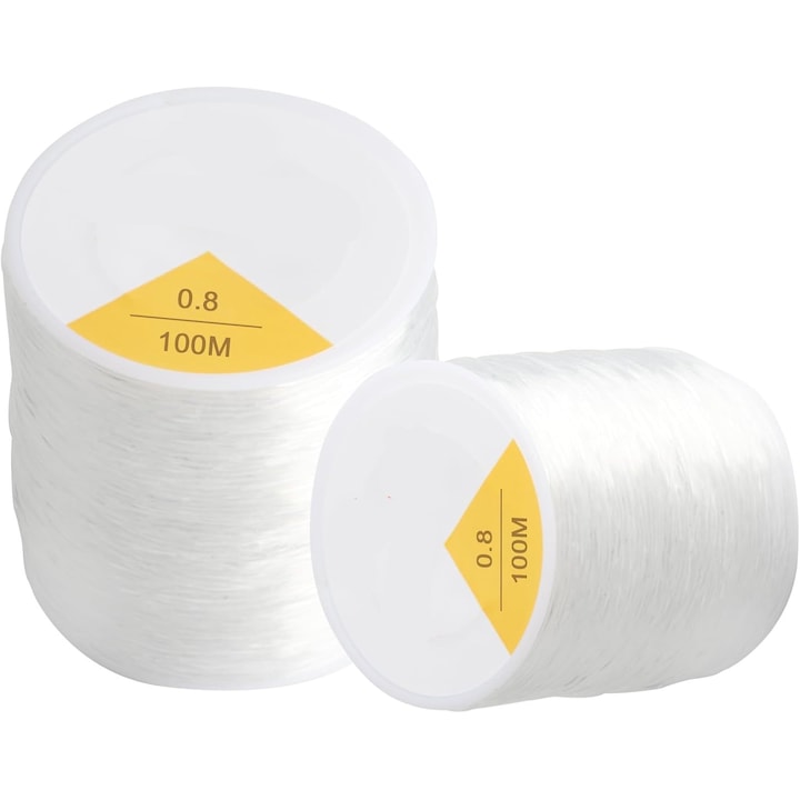 Set Snur elastic pentru fabricarea de bijuterii/bratari, 2 x Fir Elastic Rotund, Rezistenta la uzura, Elasticitate ridicata, Usor de innodat, Diamentru 0.8 mm, Lungime 100m/buc, Transparent