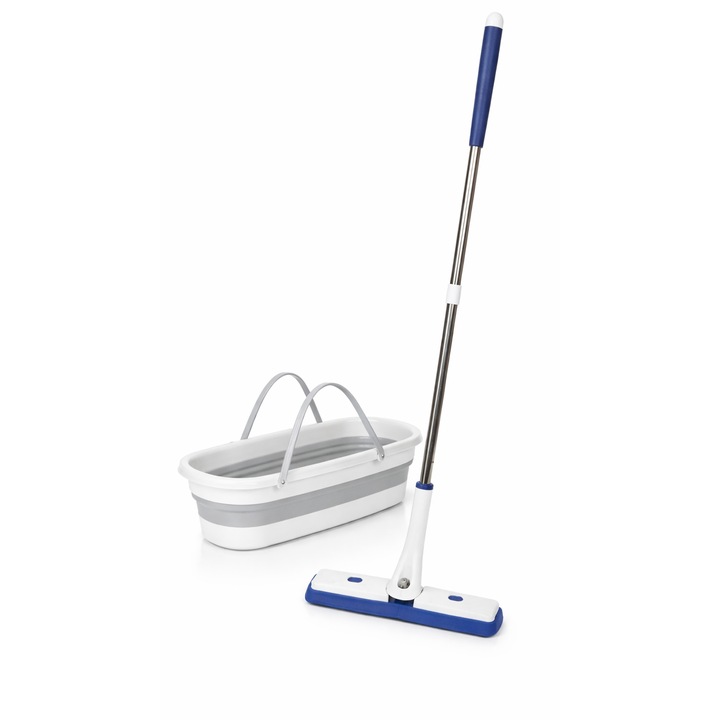 Set mop cu burete si galeata pliabila, stoarcere fara atingere, coada inox, alb/albastru