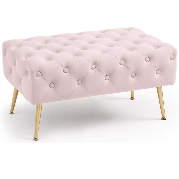 Taburet Madrid, tapitat cu catifea, tip banca, cu picioare metalice, 80x42x41 cm, roz pudra