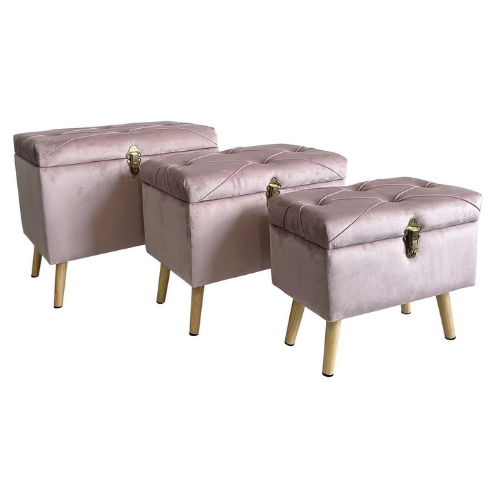 Set 3 tabureti catifea roz 47 x 26 x 40, 5, 54 x 34 x 46, 62 x 42 x 53 cm