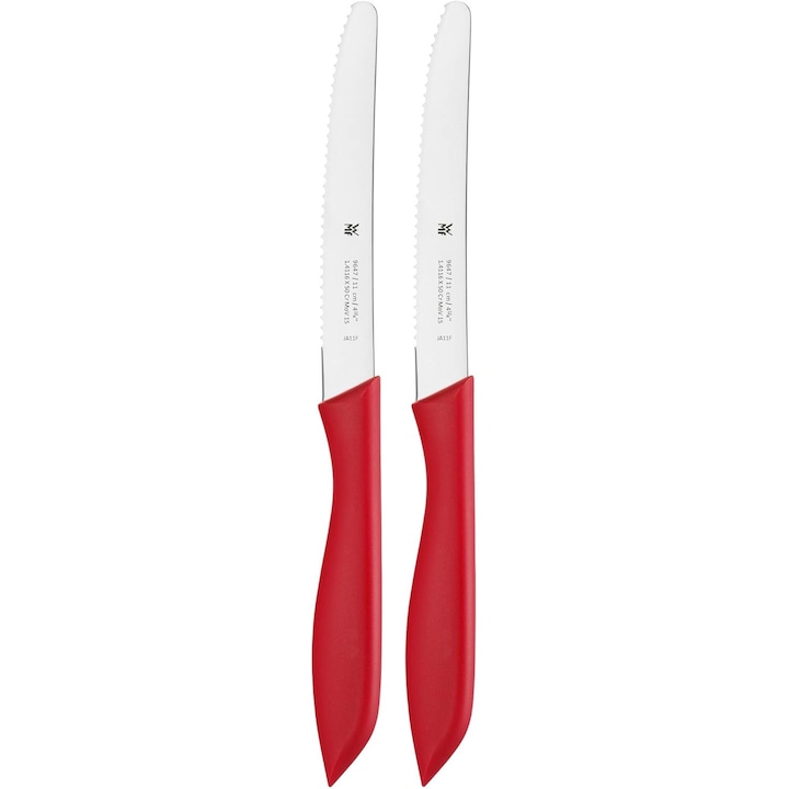 Set de cutite WMF Classic Line pentru micul dejun, 2 piese, 23 cm, cutit de paine zimtat, cutit de paine cu muchie, lama speciala din otel, maner din plastic, rosu