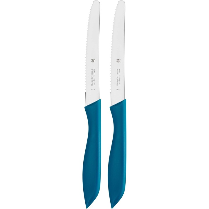 Set de cutite WMF Classic Line pentru micul dejun, 2 piese, 23 cm, cutit de paine zimtat, cutit de paine cu muchie, lama speciala din otel, maner din plastic, albastru