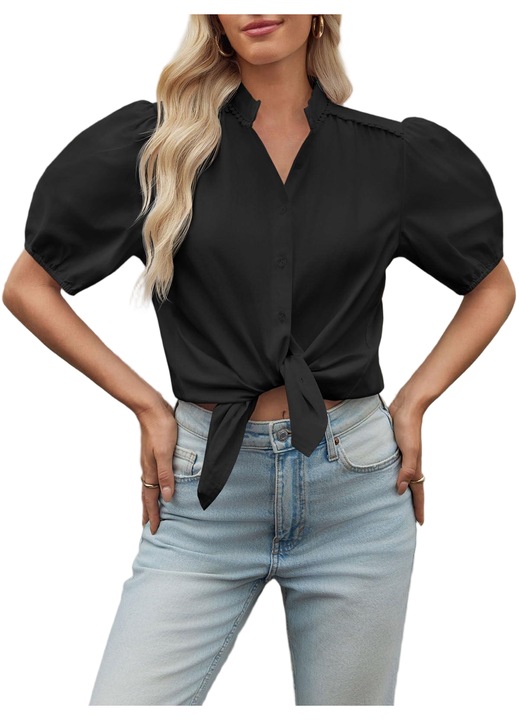 Bluza camasi cu, Imily Bela, maneci baloane cu fermoar pentru femei（10201）, Negru