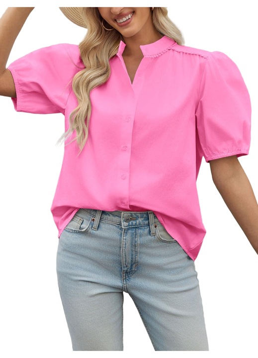 Bluza camasi cu, Imily Bela, maneci baloane cu fermoar pentru femei（10201）, Roz aprins