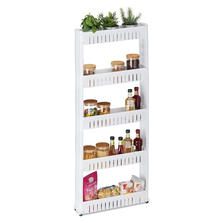 Etajera cu 5 rafturi ingust Relaxdays, cu roti, pentru baie sau bucatarie, din plastic, 131 x 12.5 x 54 cm, Alb