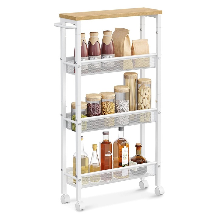 Carucior slim depozitare Relaxdays, pentru baie sau bucatarie, 77x13x45.5 cm, din metal/MDF, cu roti, 4 rafturi, Alb/Maro