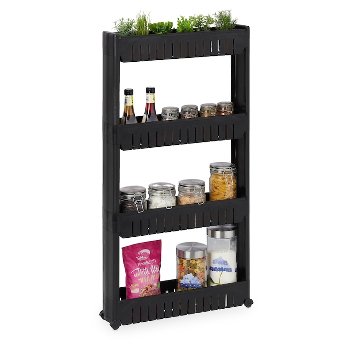 Etajera cu 4 rafturi ingust Relaxdays, cu roti, pentru baie sau bucatarie, din plastic, 101 x 12.5 x 54 cm, Negru