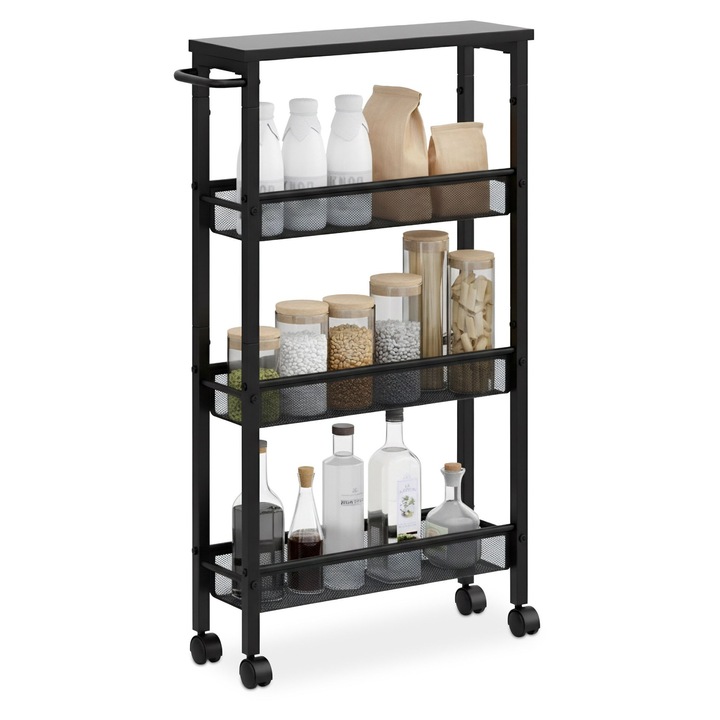 Тясна количка за съхранение Relaxdays, от метал и МДФ, 77 x 13 x 45.5 см, 4 рафта, за кухня или баня, Черна
