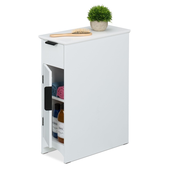 Relaxdays, Тесен шкаф за съхранение, с чекмедже и врата, от MDF, 61.5 x 21 x 46 см, за баня, Бял