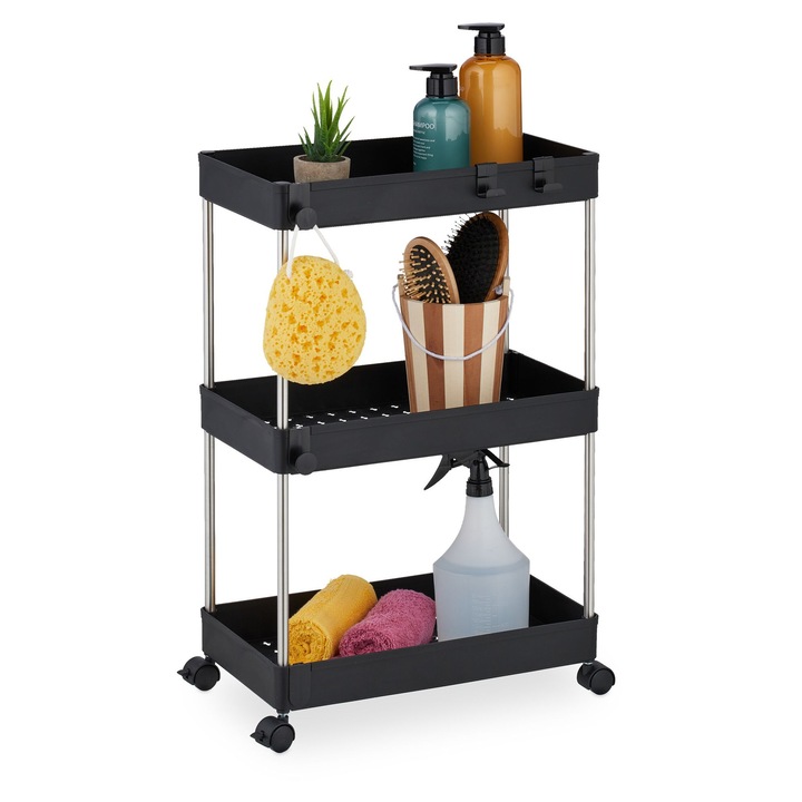 Relaxdays tárolópolc, 3 polcos, műanyag/acél, 62 x 41.5 x 23.5 cm, fürdőszobába/konyhába, kerekekkel, fekete