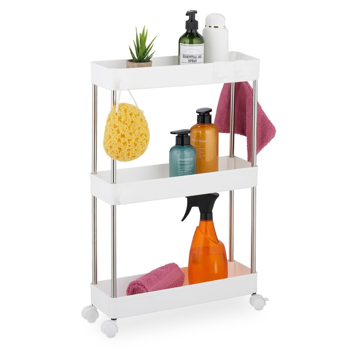 Етажерка за съхранение Relaxdays, тясна, с 3 рафта, от пластмаса/стомана, 62 x 41.5 x 14.5 см, за баня/кухня, с колелца, Бяла