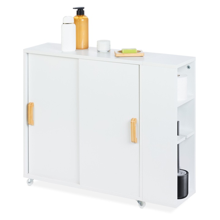 Carucior depozitare Relaxdays, pentru baie, din MDF, 62 x 19.5 x 64 cm, suport pentru peria de toaleta, cu 3 rafturi si usi glisante, Alb