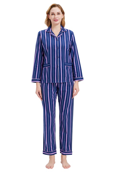 Set Pijama Dama Finet Global, Bumbac, Model Dunga, Albastru pastel/violet pal