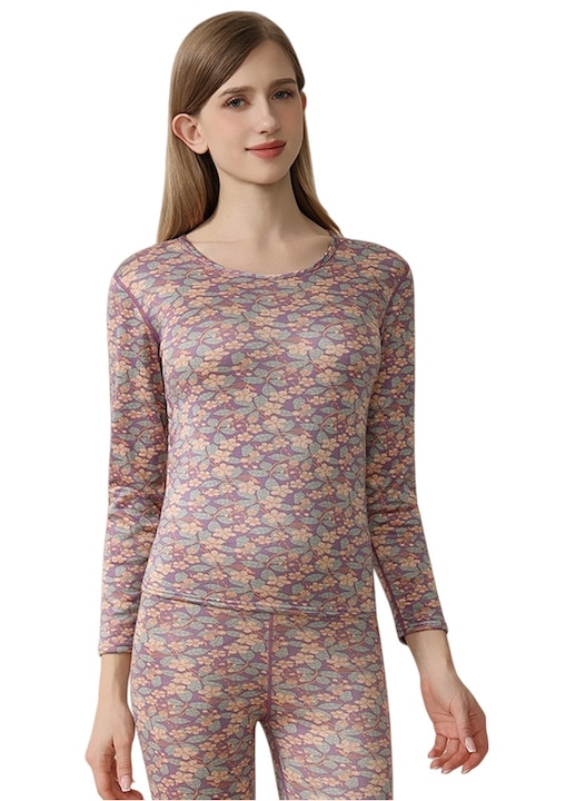 Lenjerie termica de iarna pentru femei, rezistenta la frig, set format din bluza si pantaloni, imprimeu floral, captusita cu fleece, Mov, 4XL