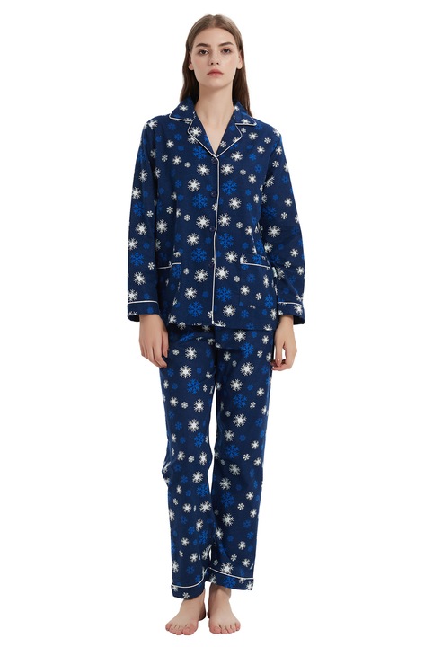 Set Pijama Dama Finet Global, Bumbac, Model Fulgi Zapada, Albastru aquamarin