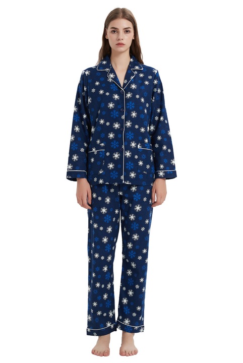 Set Pijama Dama Finet Global, Bumbac, Model Fulgi Zapada, Albastru aquamarin