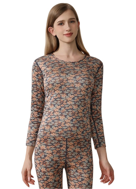 Lenjerie termica de iarna pentru femei, rezistenta la frig, set format din bluza si pantaloni, imprimeu floral, captusita cu fleece, Albastru, Floral