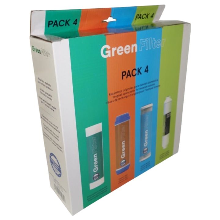 Комплект 4 резервни филтърни патрона за вода GREEN FILTER, PP утайки 5 микрона, GAC въглерод, CTO въглерод, пост-въглероден филтър, стандартни размери 10"x2.5"