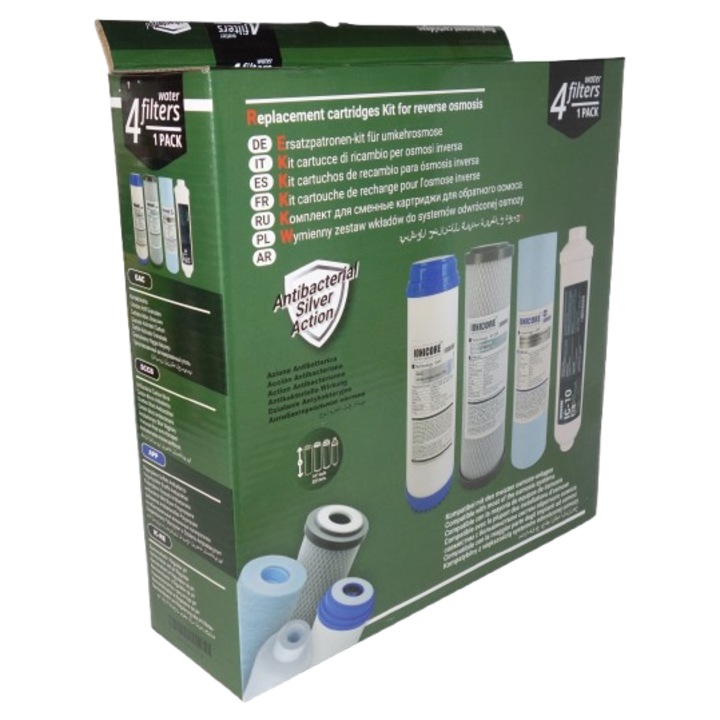 Комплект от 4 резервни филтърни патрона за вода IONICORE Silver, PP утайка 5 микрона, GAC въглен, CTO въглен, пост-въглероден филтър, стандартни размери 10"x2.5"