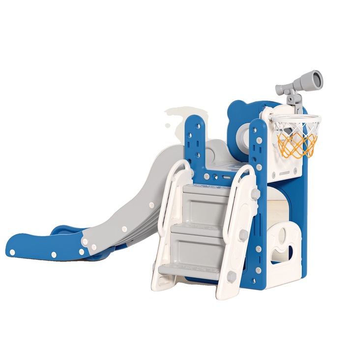 Teren de joaca pentru copii, tobogan, scara de escalada, cos de baschet, gri deschis, dimensiuni compacte