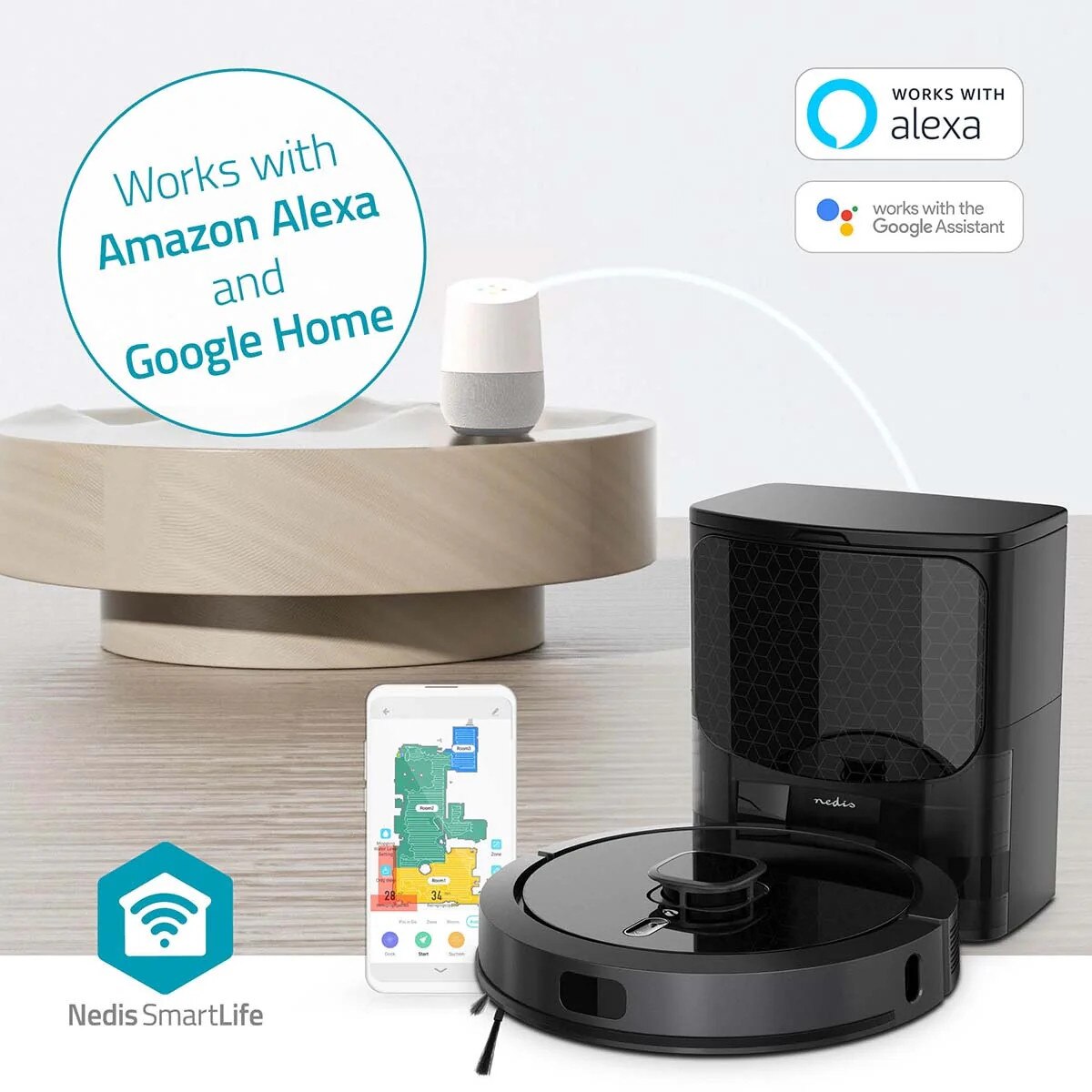 Aspirator robot NEDIS Wi-Fi, navigare LiDAR, 3 în 1, capacitate 3L, durata de functionare 180 minute