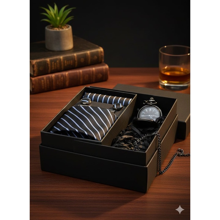 Set Festive HB57, 5 piese, cravata, ac cravata, butoni, batista si ceas buzunar