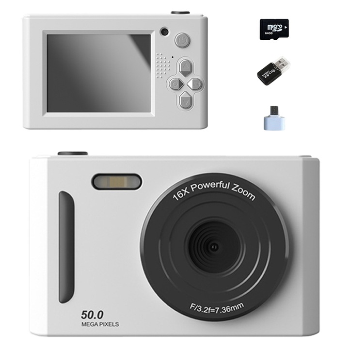 Aiorber kompakt digitális fényképezőgép, kettős kamera, 50 MP, fehér, 97x28x62mm, 64G memóriakártya