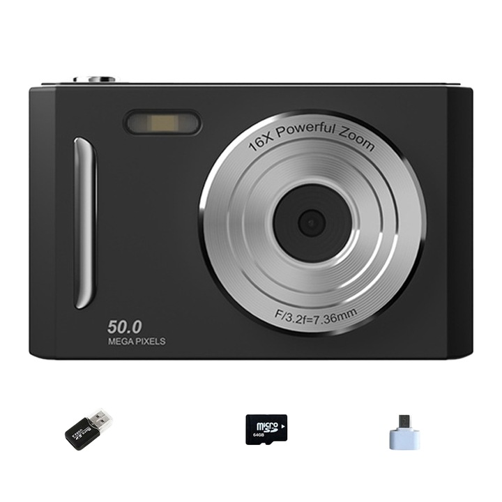 Aiorber kompakt digitális fényképezőgép, 50 MP, kettős kamera, 2,4 hüvelykes érintőképernyő, fekete, 97x28x62mm