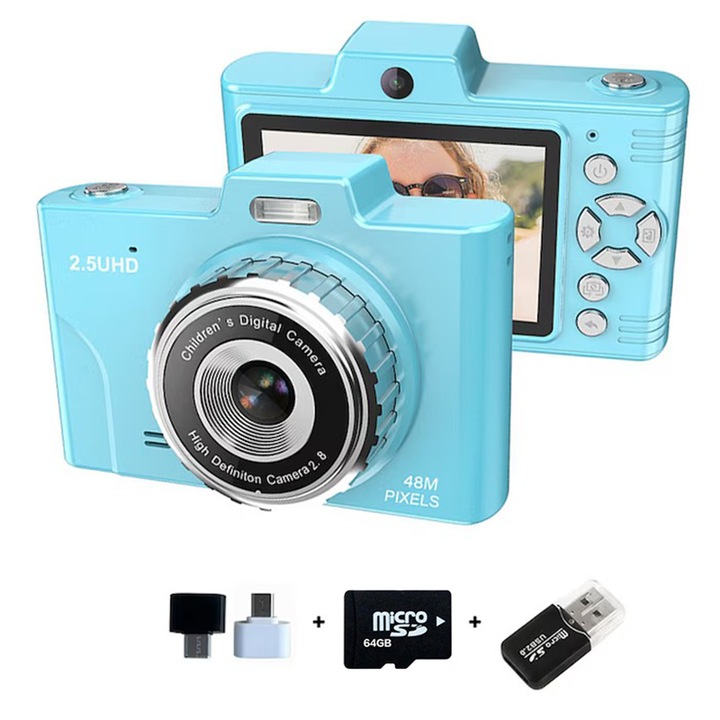 Aparat foto digital compact Aiorber, camere frontale și spate, 8x zoom, ecran IPS 2.8", albastru, card de memorie 64 GB