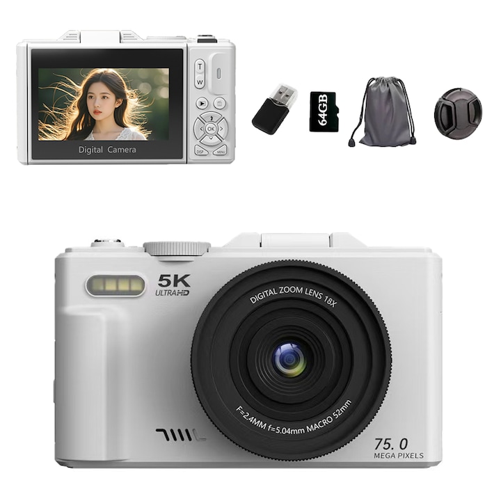 Aparat foto digital compact cu card de memorie de 64 GB, Aiorber, aparat foto digital 5K, ecran rabatabil la 180°, zoom 18x, aparat foto pentru copii, alb