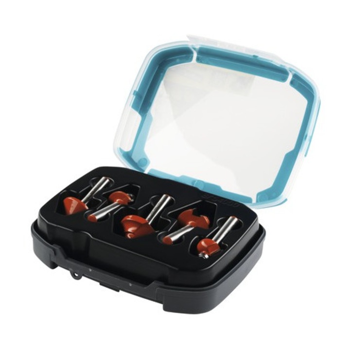 Set freze lemn Wolfcraft pentru profilat/raionat/rotunjit/fatetat, prindere Ø8 mm, 5 piese