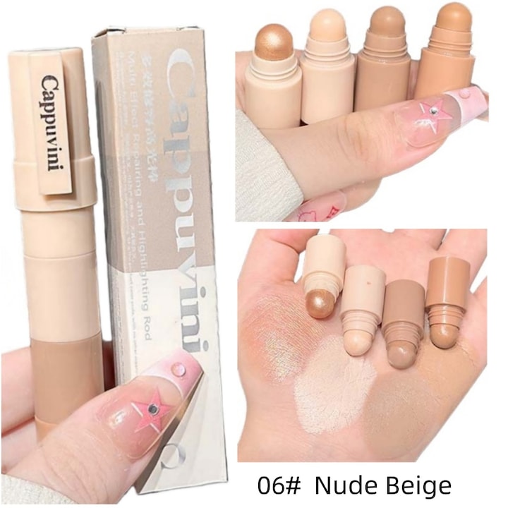 Iluminator pentru conturare, CAPPUVINI, iluminator multifunctional pentru conturare, fard de nas iluminant 3-in-1, machiaj durabil, impermeabil si portabil, 06#