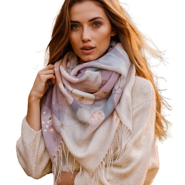 Sal dama bej cu model floral, 180 x 70 cm, poliester, elegant si versatil, Agrafka, marime unica