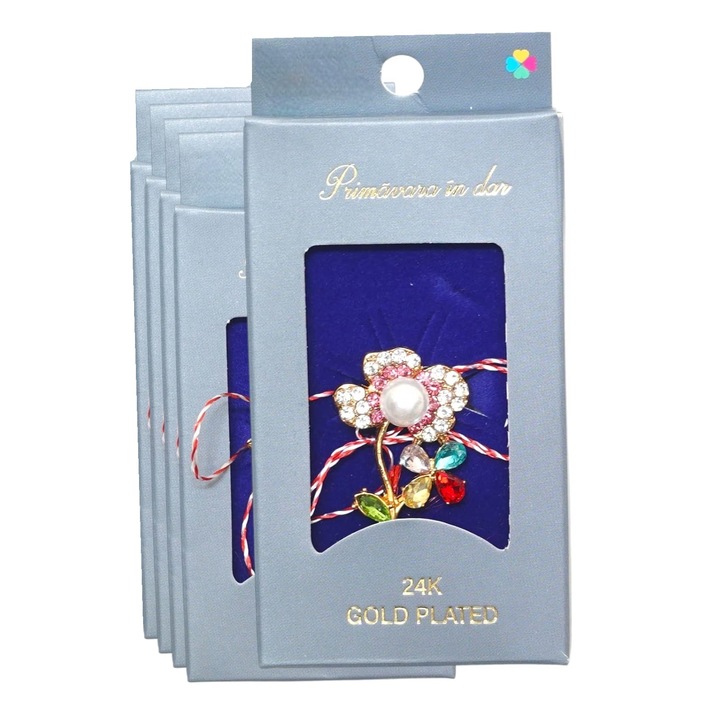 Set 5 Martisoare tip Brosa Royal Spring Pearl, placate cu Aur 24K, Cadou pentru Femei, 2–3 cm