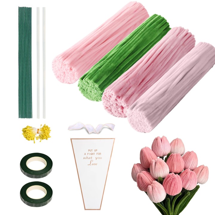 Sarma plusata pentru lucru manual, Set tije chenille, Flexibile pentru flori DIY, Miez din sarma metalica, Roz