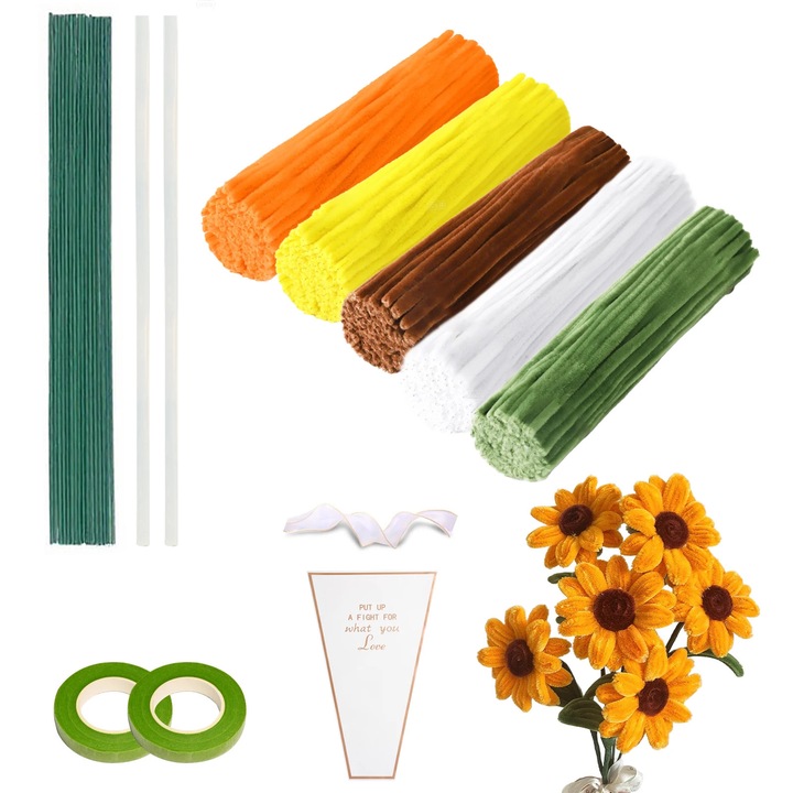 Sarma plusata pentru craft, Set chenille, Flexibila si usor de modelat, Miez metalic, Pentru flori DIY, Galben