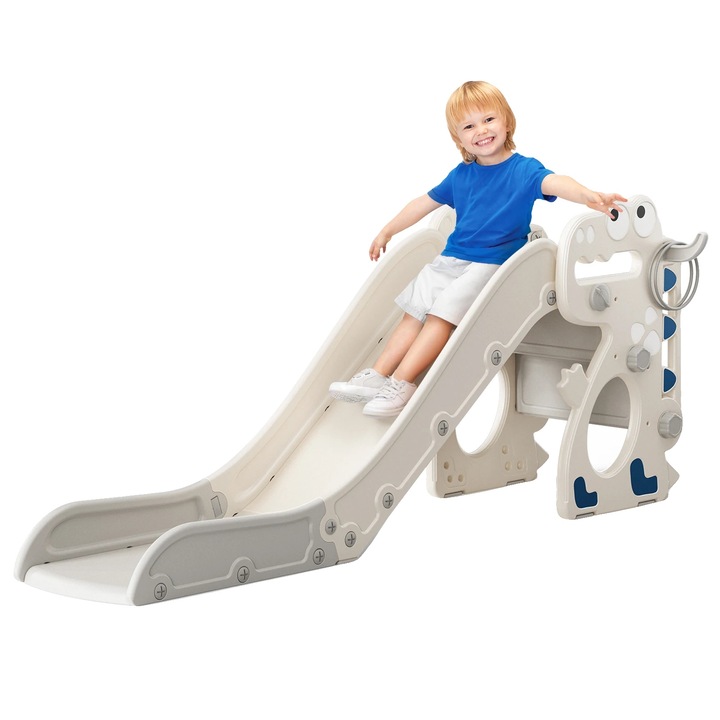 Tobogan copii tematic dinozaur, activitati multifunctionale, design sigur, gri, dimensiuni pentru copii