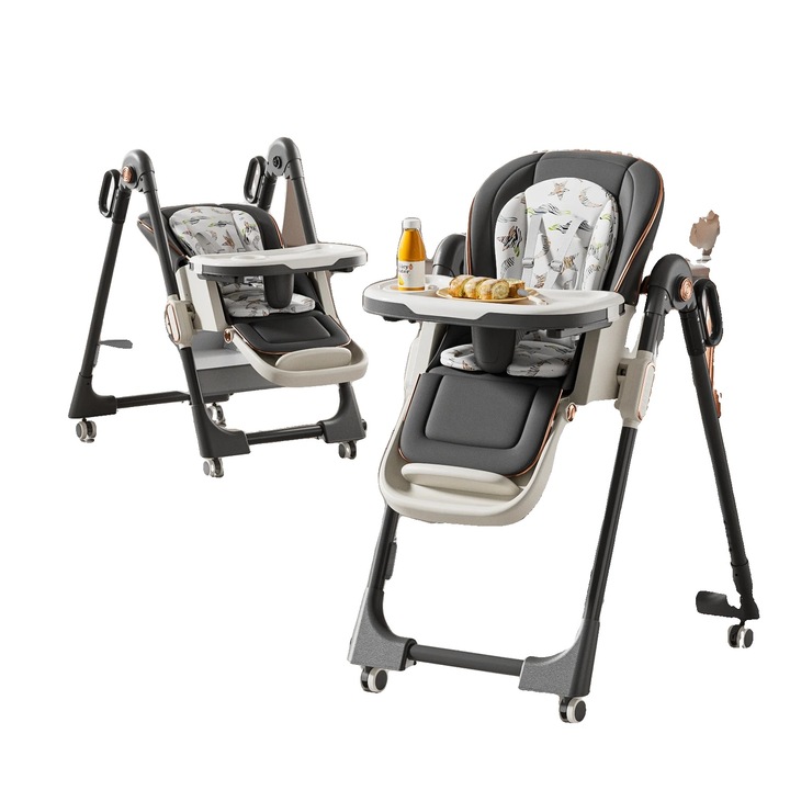 Scaun de masa pentru bebe, inaltime ajustabila, usor de curatat, gri inchis, 8122