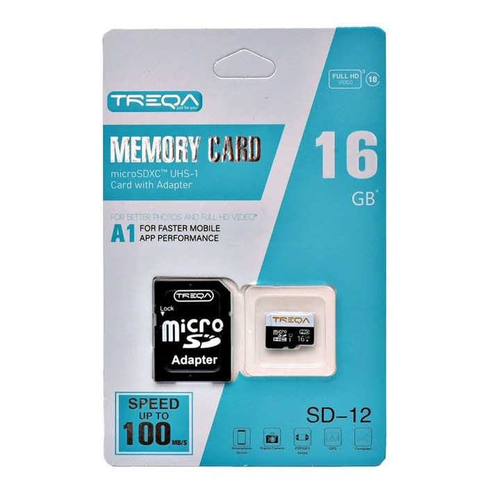 Treqa Microsdxc 16GB PRO Full HD UHS A1 kártya, sebesség akár 100MB/s