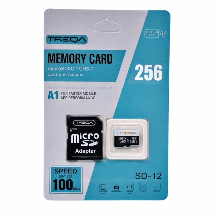 Карта памет Micro SDXC Treqa 256GB UHS A1, скорост на четене 100MB/s, водоустойчива, 15x11x1mm