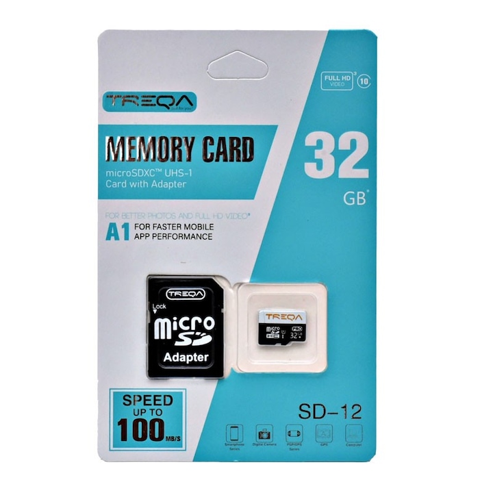 Treqa MicroSDXC 32GB memóriakártya, UHS A1, 100MB/s olvasási sebesség, 15x11x1mm