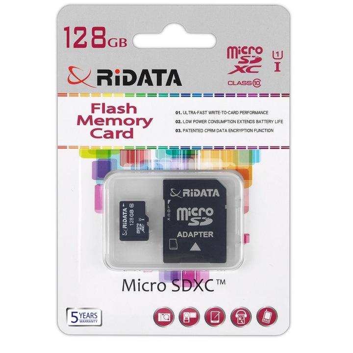 Card Memorie microSDXC 128GB RIDATA, Clasa 10, UHS-I U1 A1, Adaptor SD Inclus, pentru Telefoane, Camera Foto, Nintendo Switch