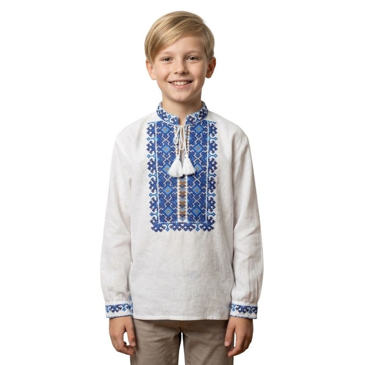Bluza baieti CB126 alb/albastru, 8 ani 120 cm