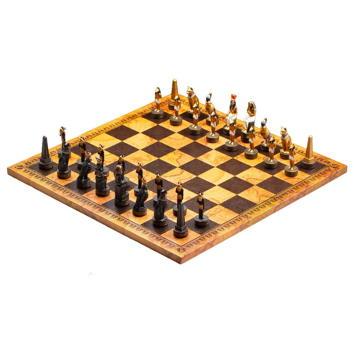 Set de sah Italfama, 32 piese, tabla din piele ecologica 45x45cm, design inspirat din cultura egipteana