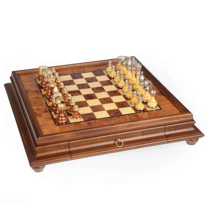 Set de sah Italfama Flowery, tabla din lemn de Elm Briar 53x53cm, cu sertar de depozitare, 10cm rege