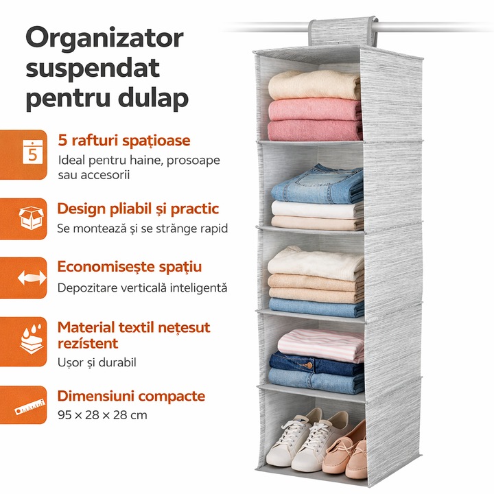 Organizator suspendat Miami, 5 rafturi pliabile, depozitare verticala pentru dulap, 95 × 28 × 28 cm, material textil netesut, culoare Bej