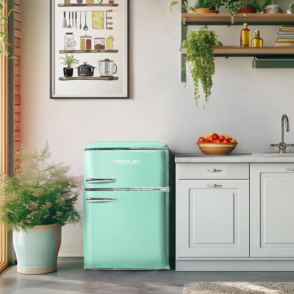 Mini frigider Retro Cecotec, Bolero CoolMarket Mini, Total No Frost, 86 litri, H 89.3 cm, congelator 26 litri, 2 rafturi sticla securizata, 1 sertar pentru fructe/legume cu control temperatura/umiditate, 3 compartimente usa, verde