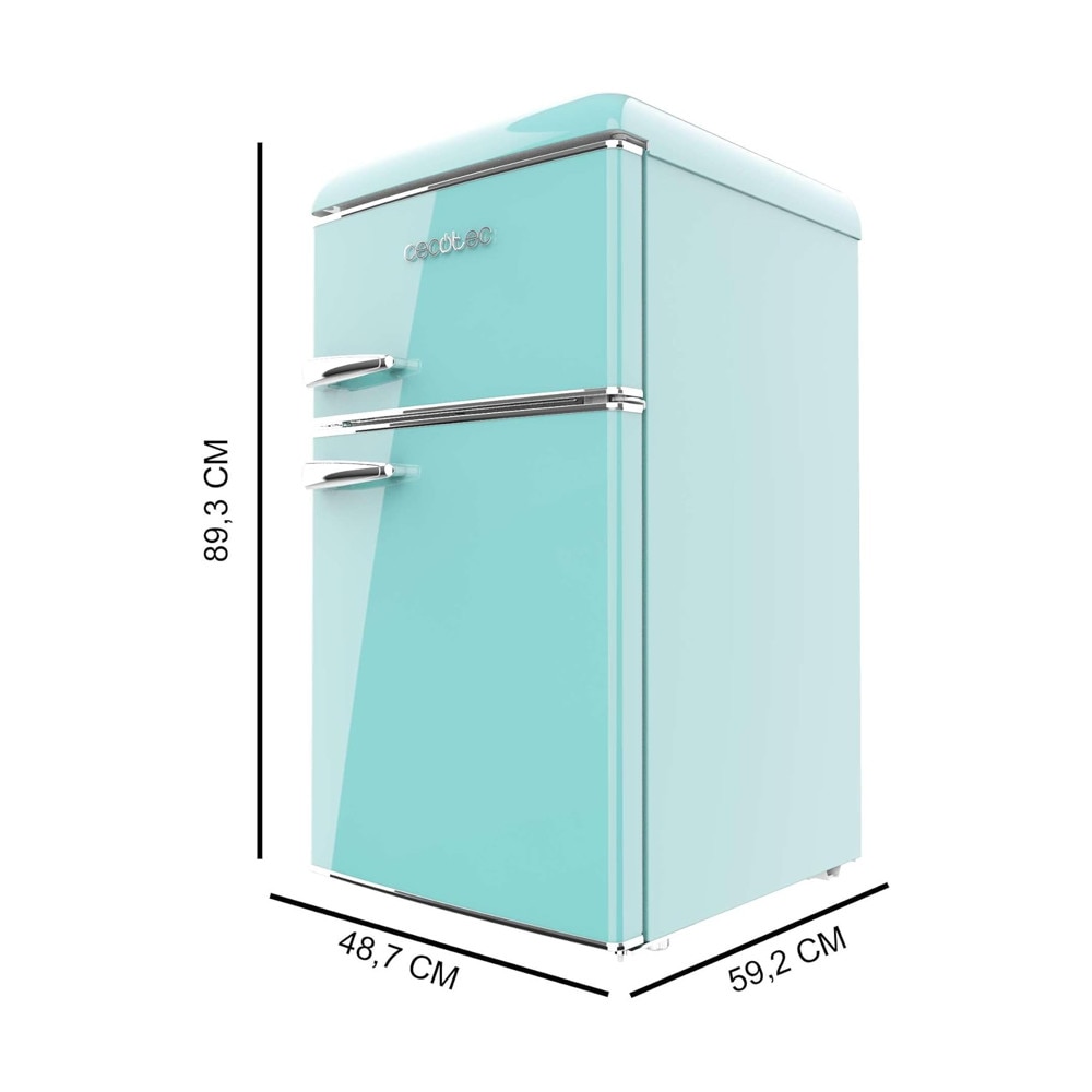 Mini frigider Retro Cecotec, Bolero CoolMarket Mini, Total No Frost, 86 litri, H 89.3 cm, congelator 26 litri, 2 rafturi sticla securizata, 1 sertar pentru fructe/legume cu control temperatura/umiditate, 3 compartimente usa, verde