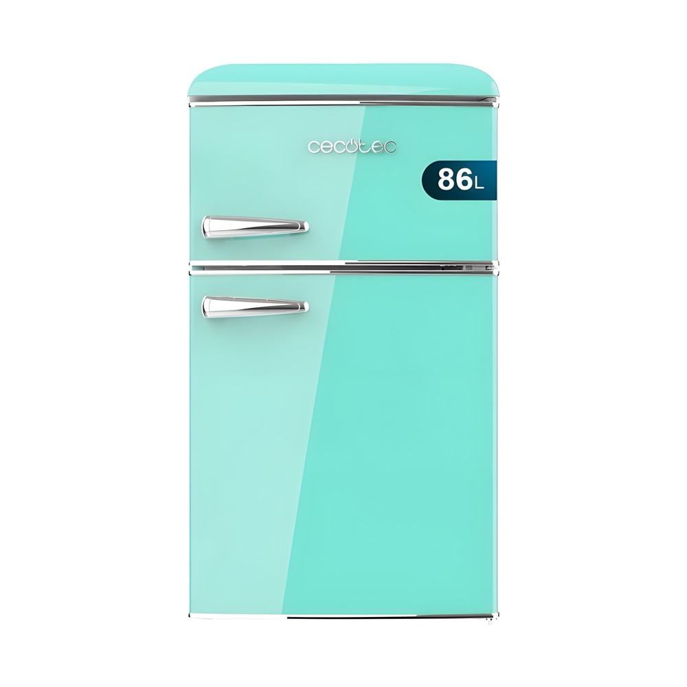 Mini frigider Retro Cecotec, Bolero CoolMarket Mini, Total No Frost, 86 litri, H 89.3 cm, congelator 26 litri, 2 rafturi sticla securizata, 1 sertar pentru fructe/legume cu control temperatura/umiditate, 3 compartimente usa, verde