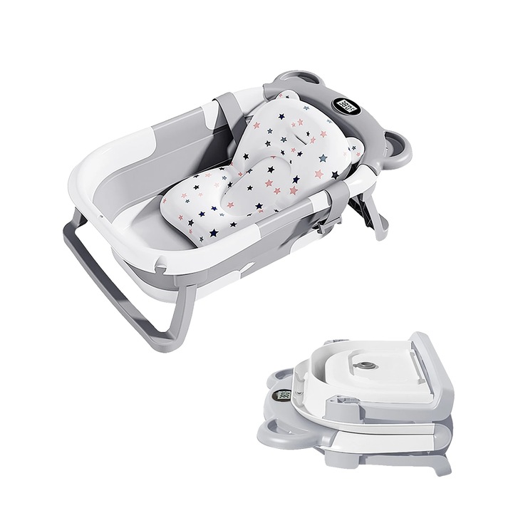 Cada pentru bebelusi, design pliabil, termometru incorporat, gri